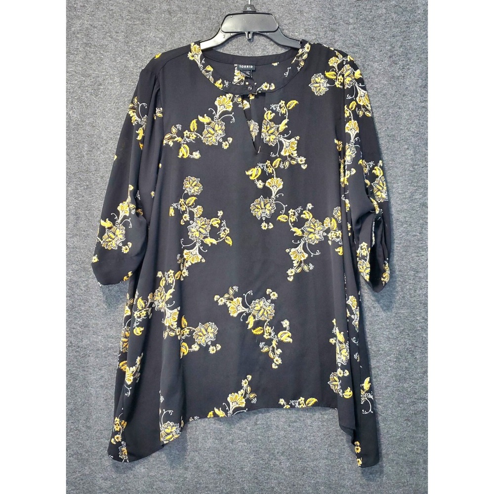 Torrid Blouse Womens 1X Sheer Black & Yellow‎ Floral Tie Back Sleeve Fairycore